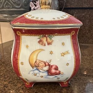 Goebel Porcelain Angel Trinket Jar in Red and Gold Accents